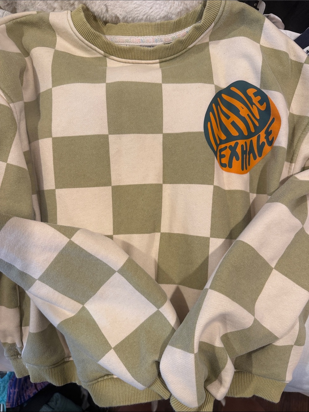 Minimalist Folk Green and Cream Checkerboard 'Inhale Exhale' Crewneck Sweatshirt